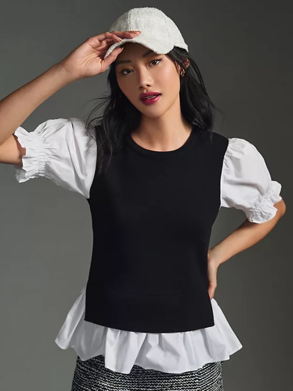 By Anthropologie Layered Poplin-Sleeve Sweater Medium Black White Mixed Media
